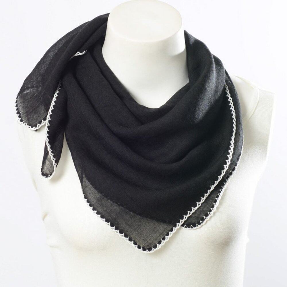 NWT - Scallop Stitched Scarf - Black w/ White Trim
